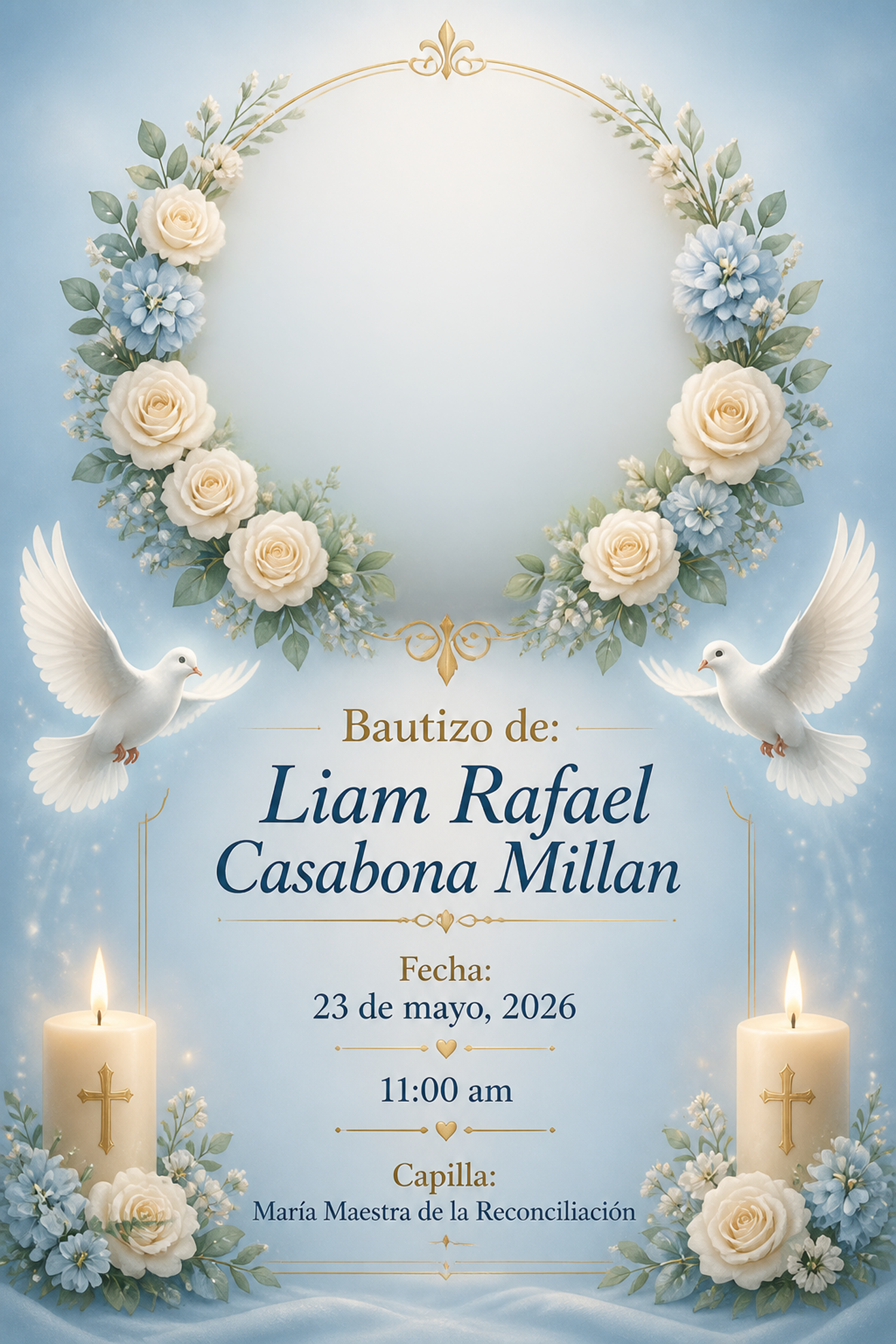 Invitación al bautizo de Liam Rafael, con ilustraciones de palomas, flores y velas en azul cielo y dorado.